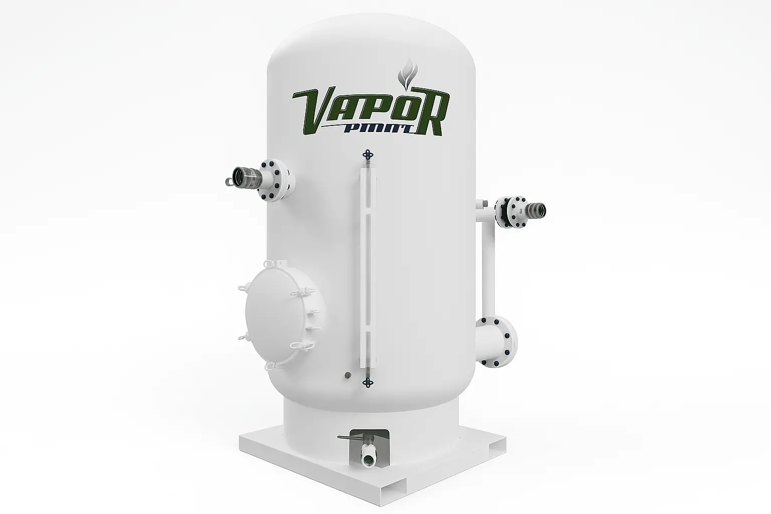 White industrial vapor tank with gauges and valves.