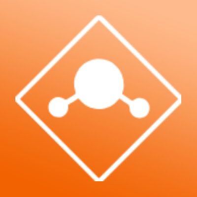 White molecular structure icon on an orange background.